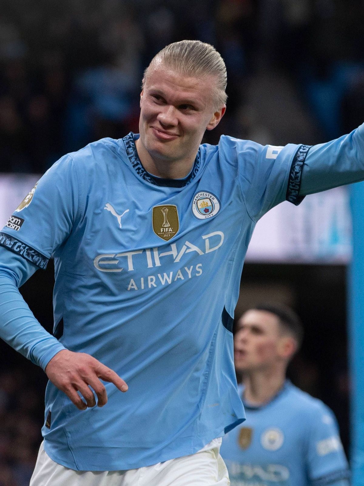 Manchester City FC v West Ham United FC - Premier League MANCHESTER, ENGLAND - JANUARY 4: Erling Haaland of Manchester City celebrates scoring the second goal during the Premier League match betwee...