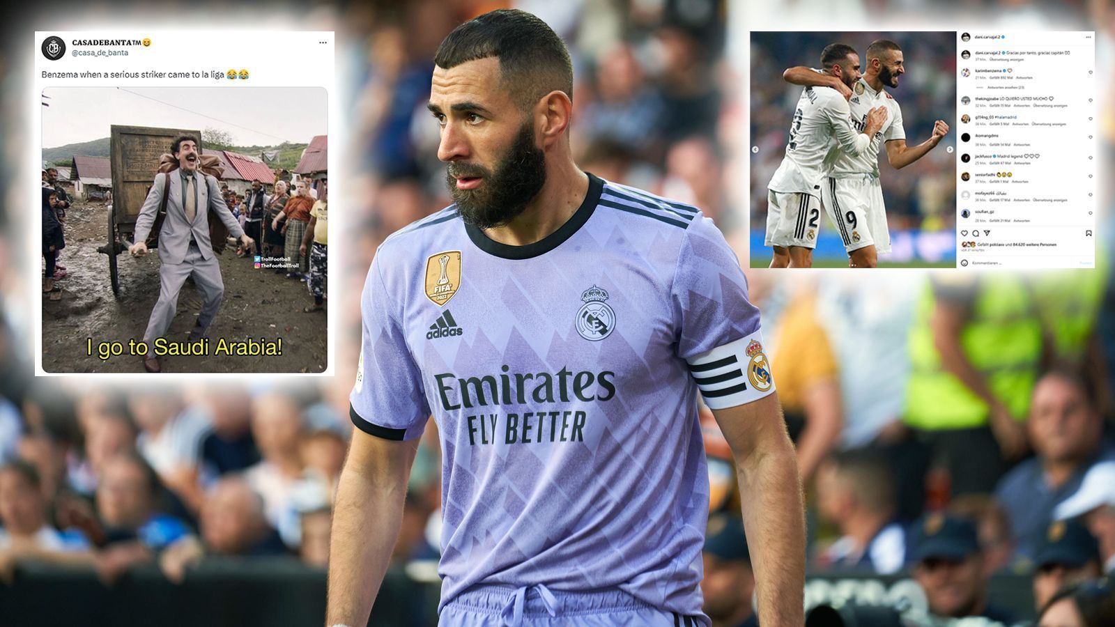 
                <strong>Real Madrid: Netzreaktionen zum Abschied von Ikone Karim Benzema</strong><br>
                Nach 14 Jahren endet die Ära von Stürmerstar Karim Benzema bei Real Madrid. Der 35-jährige Franzose wird die "Königlichen" ablösefrei verlassen. Zum Abschied reagiert das Netz mit Hochachtung vor den Leistungen Benzemas - aber auch mit Häme, vor allem durch Fans des Erzrivalen FC Barcelona. ran zeigt die besten Netzreaktionen. 
              