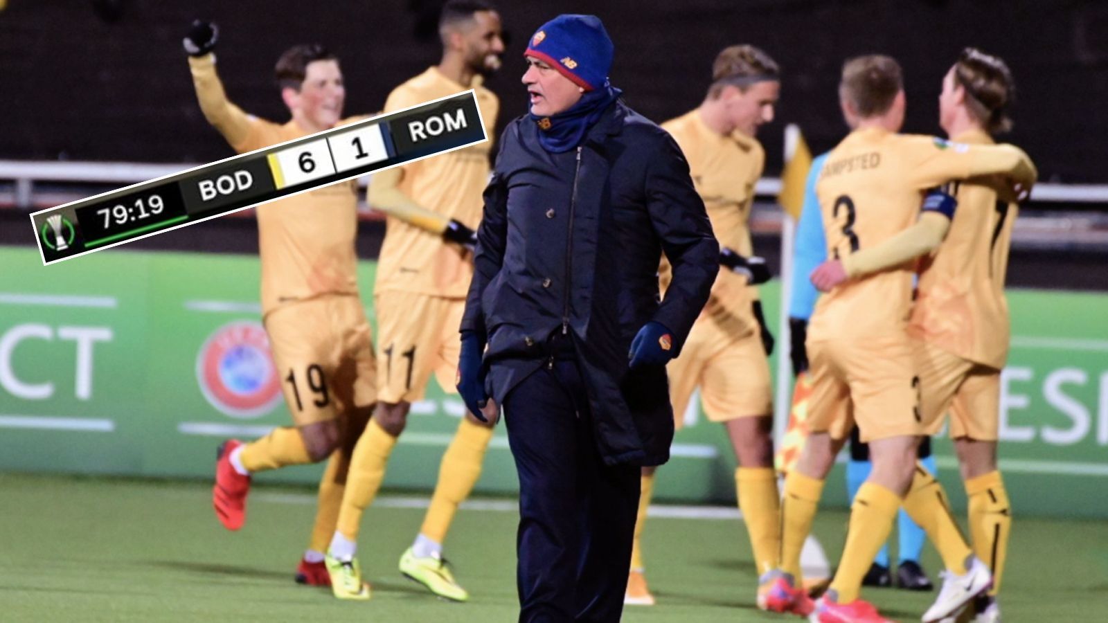 
                <strong>1:6! Peinliche Mourinho-Pleite mit der Roma bei Bodö/Glimt</strong><br>
                Jose Mourinhos Roma lässt sich in der Europa Conference League vom norwegischen Underdog Bodö/Glimt mit 1:6 auseinandernehmen. Es ist die höchste Pleite für den Portugiesen in seiner gesamten Trainerkarriere. ran zeigt die fünf höchsten Pleiten von "The Special One". (Stand: 21. Oktober 2021)
              