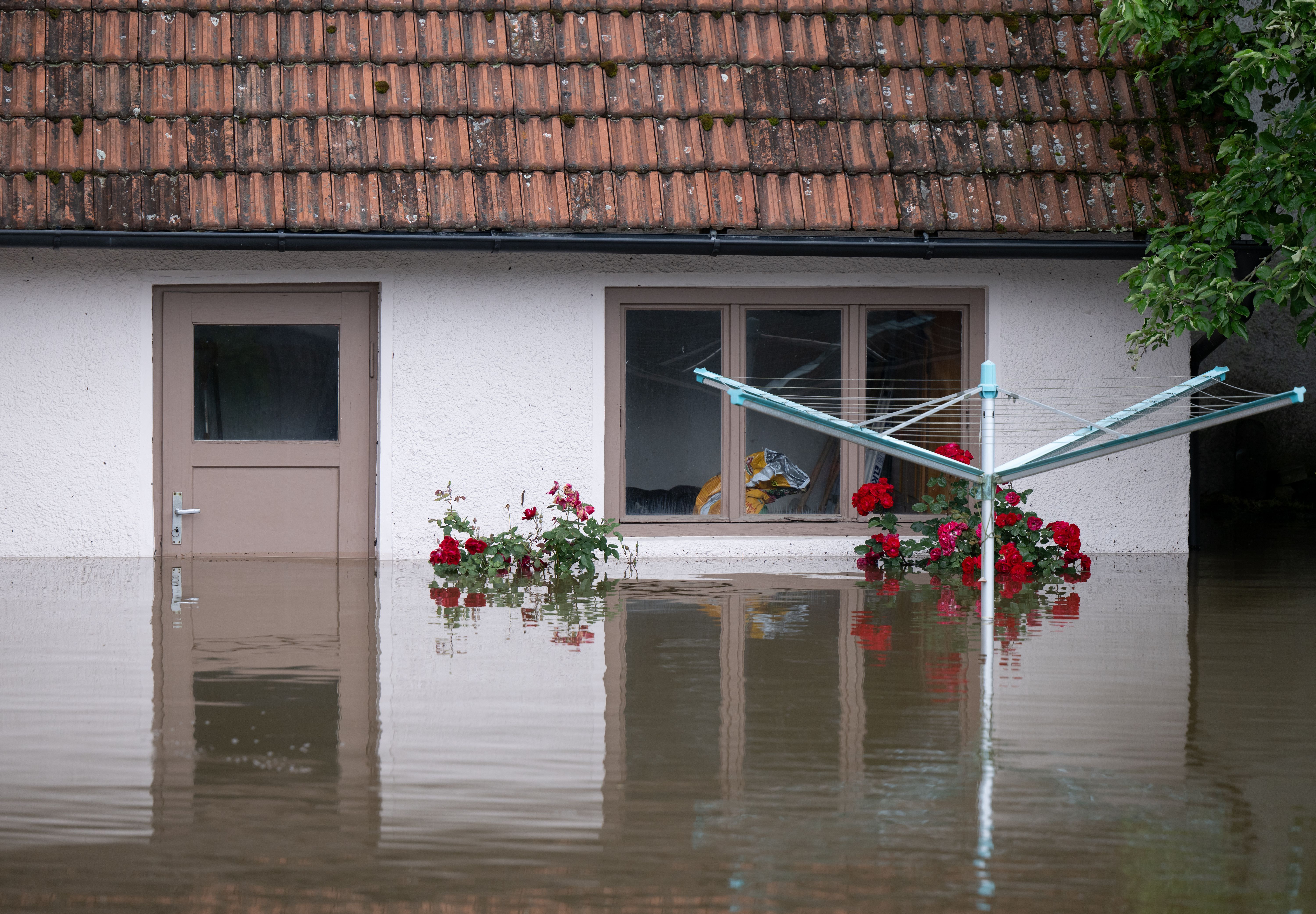 Bayern, Reichertshofen: Der Garten von einem Wohnhaus steht hüfthoch unter Wasser.