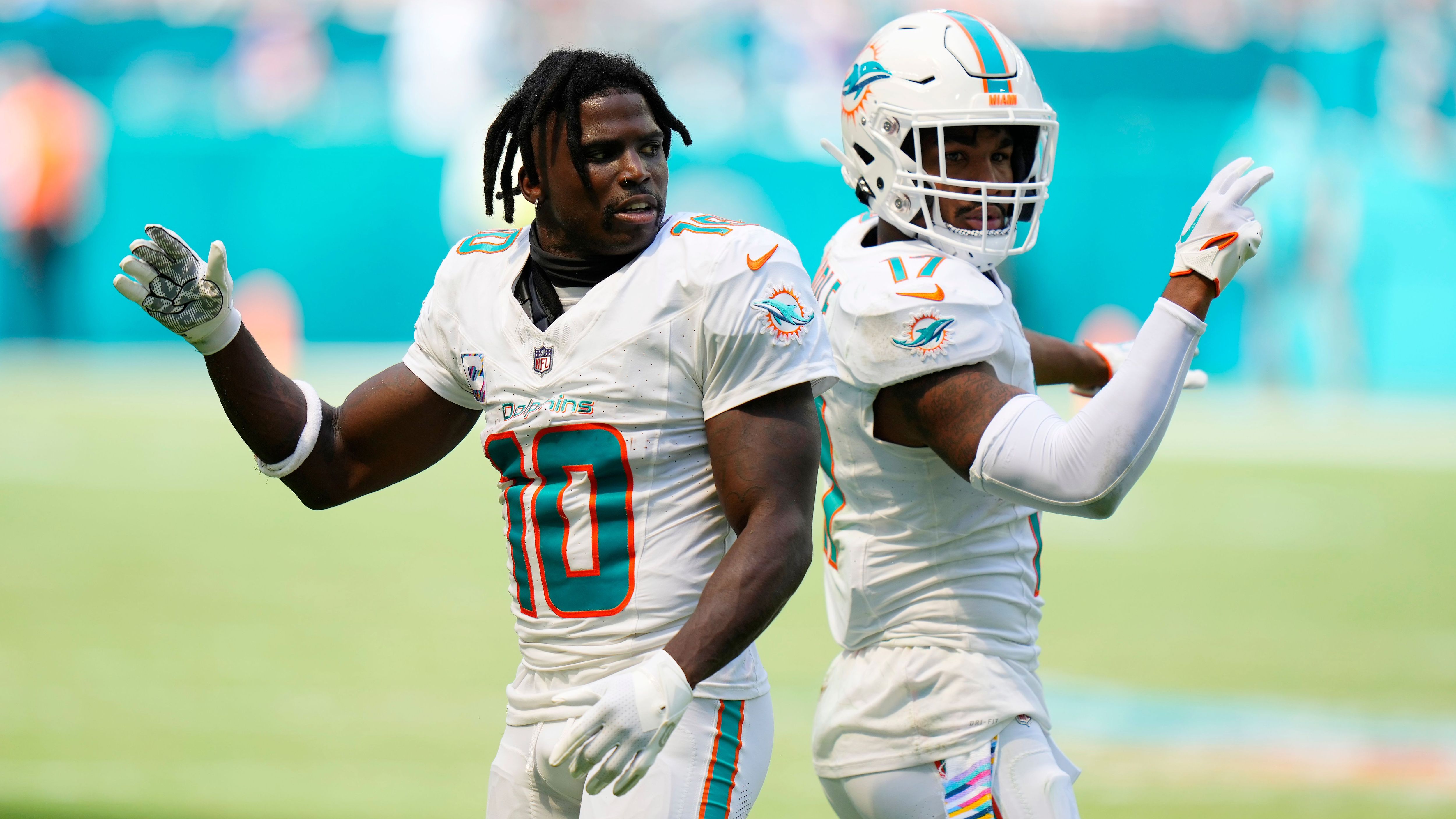 <strong>Platz 3: Miami Dolphins</strong><br>Receiver: Tyreek Hill, Jaylen Waddle und Odell Beckham Jr.<br>Durchschnittliche 40-Yard-Dash-Zeit: 4,36 Sekunden