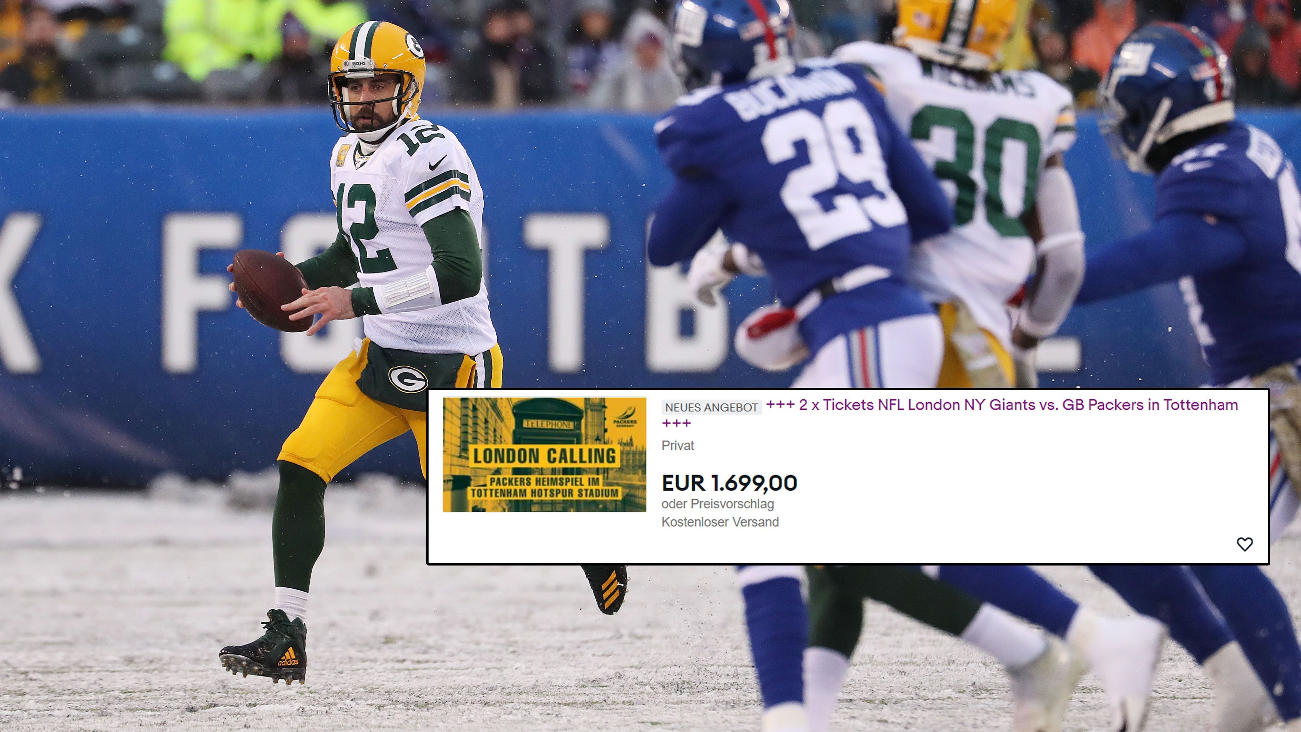 
                <strong>Giants vs. Packers </strong><br>
                Mit Packers-Star Aaron Rodgers gastiert im Herbst einer der besten Quarterbacks der Geschichte in London. Entsprechend viel Geld müssten seine Anhänger für zwei Tickets auf eBay bezahlen: Stolze 1.699 Euro.
              