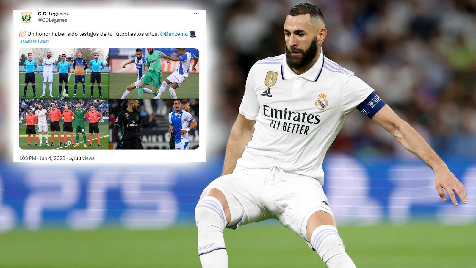 
                <strong>Netzreaktionen zu Karim Benzemas Real-Abschied</strong><br>
                Auch frühere Gegner von Karim Benzema verabschiedeten sich vom langjährigen Real-Torjäger, etwa der spanische Klub CD Leganes. Bei acht Pflichtspielen gegen Leganes traf Benzema fünf Mal. 
              