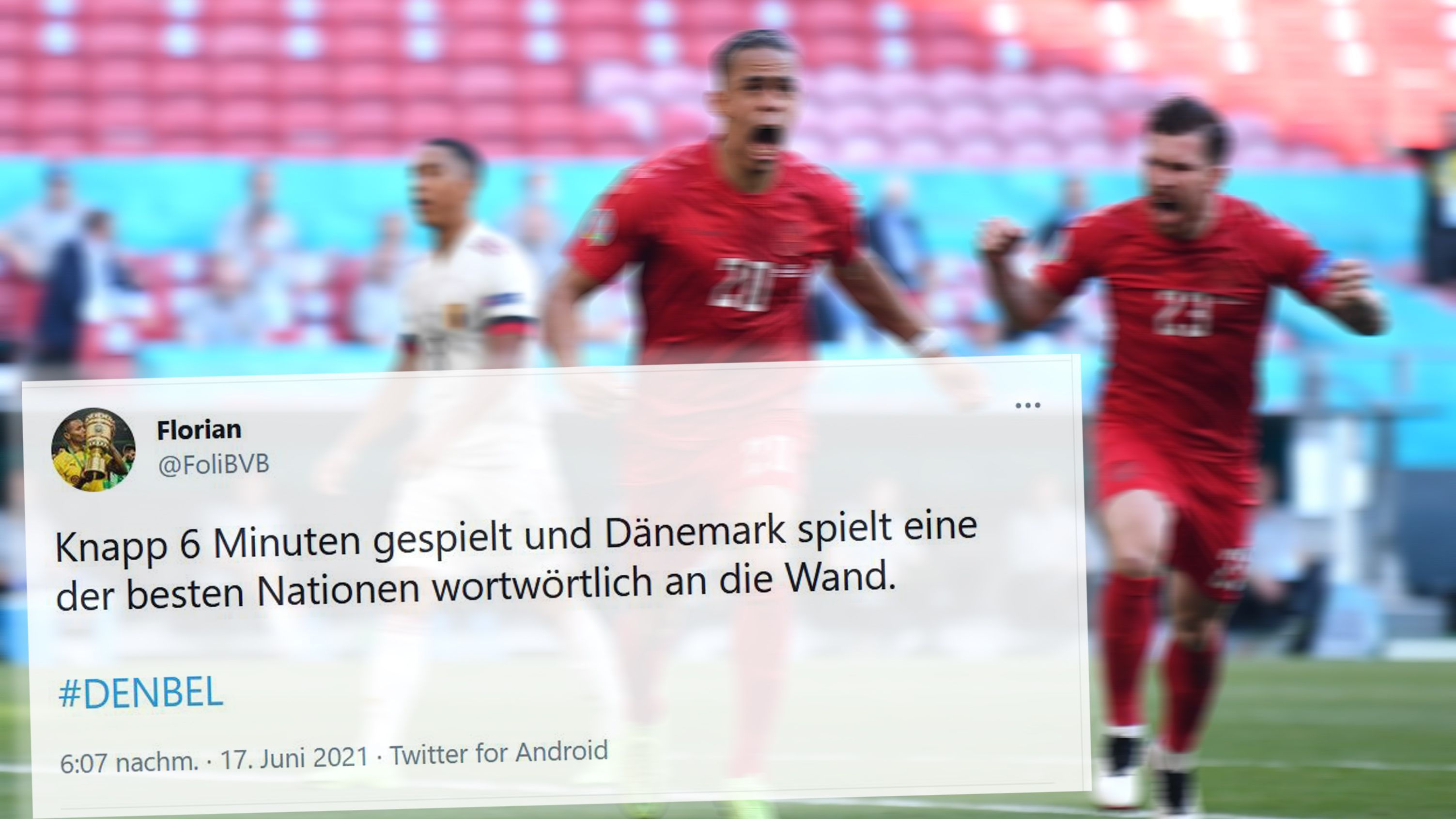 
                <strong>Traumstart für Dänemark</strong><br>
                Nach einem ersten emotionalen Fingerzeig samt "You'll Never Walk Alone" rollte der Ball und die Dänen erwischten gleich einen echten Traumstart. Nicht einmal 100 Sekunden dauerte es bis Yussuf Poulsen zur Führung traf und das Stadion in Kopenhagen zum Beben brachte.
              