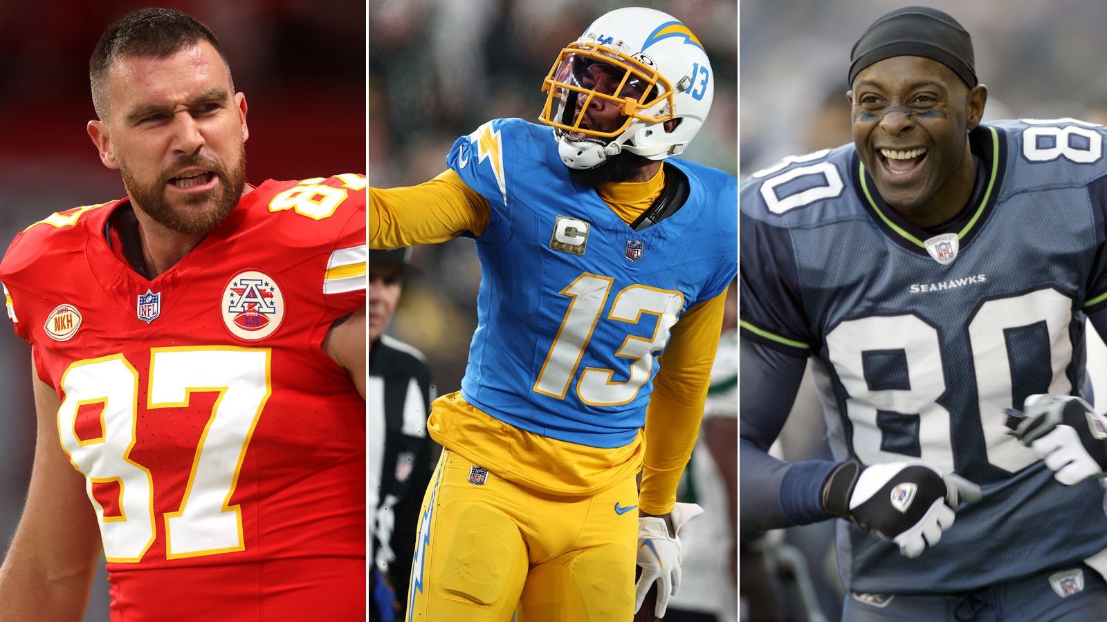 <strong>Allen, Kelce und Co.: Sie knackten die Marke von 10.000 Receiving Yards</strong><br>Keenan Allen (Mi.) hat es geschafft! Er ist der 54. Footballer, der die Marke von 10.000 Receiving Yards im Laufe seiner NFL-Karriere knackt. <strong><em>ran</em></strong> zeigt die gesamte Liste. (Stand: 7. November 2023)