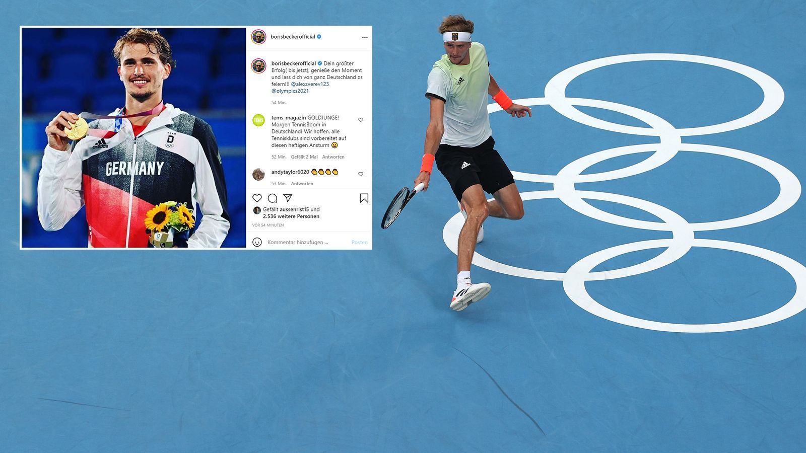 
                <strong>Boris Becker</strong><br>
                Deutschlands Tennis-Ikone Boris Becker meldet sich nach Zverevs Final-Triumph via Instagram. "Dein größter Erfolg (bis jetzt), genieße den Moment und lass dich von ganz Deutschland feiern", schrieb Becker in Richtung des deutschen Tennis-Olympiasiegers. 
              