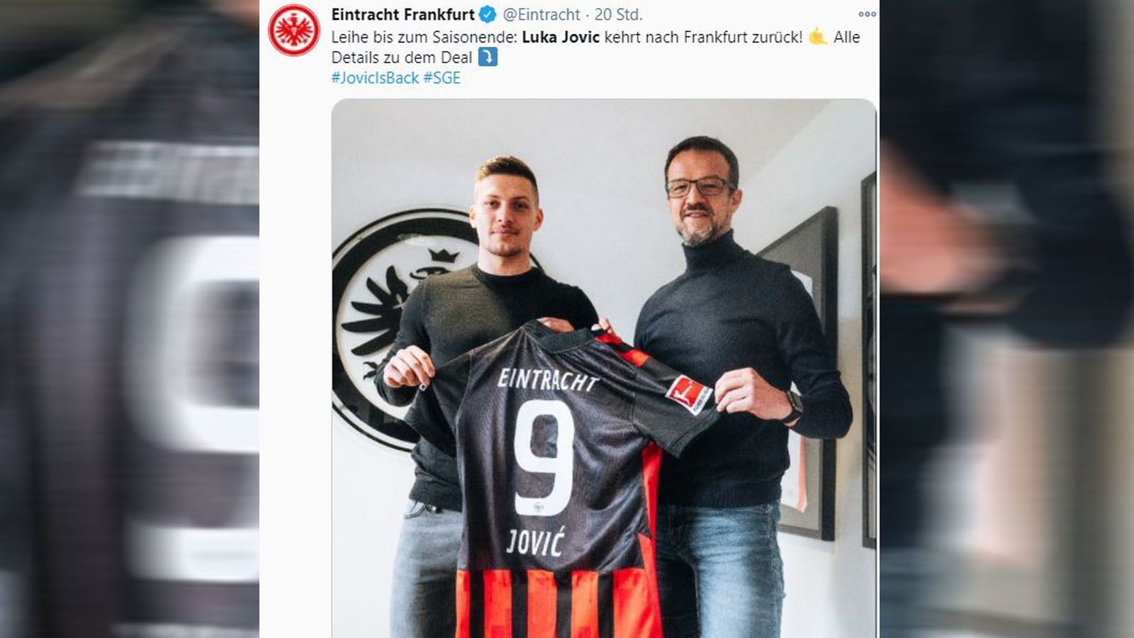 
                <strong>Luka Jovic kehrt zu Eintracht Frankfurt zurück</strong><br>
                Eineinhalb Jahre nach seinem Abschied schlüpft Luka Jovic wieder ins Trikot der Eintracht. Die Frankfurter verpflichteten den 23 Jahre alten Angreifer auf Leihbasis bis Saisonende von Real Madrid. Die Fans feiern die Heimkehr des verlorenen Sohnes frenetisch. Doch sportlich gesehen gleicht die Rückholaktion einer Wundertüte. Denn Jovics Glanz früherer Zeiten ist in Madrid längst verblasst.  
              