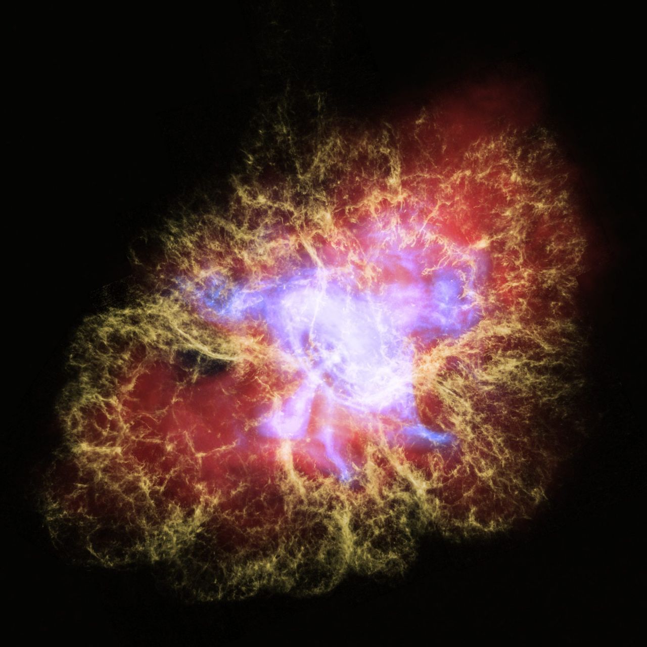 Mit viel Fantasie kann man vielleicht erkennen, warum diese Formation die "Crab Nebula" genannt wird. Das Foto ist in einer Zusammenarbeit zwischen einem Teleskop auf der Erde und Hubble entstanden und zeigt einen Neutronen-Stern. Diese Sterne haben eine ganz besonders hohe Dichte. Ein Teelöffel der Materie dürfte mehrere Milliarden Tonnen wiegen. Unvorstellbar.