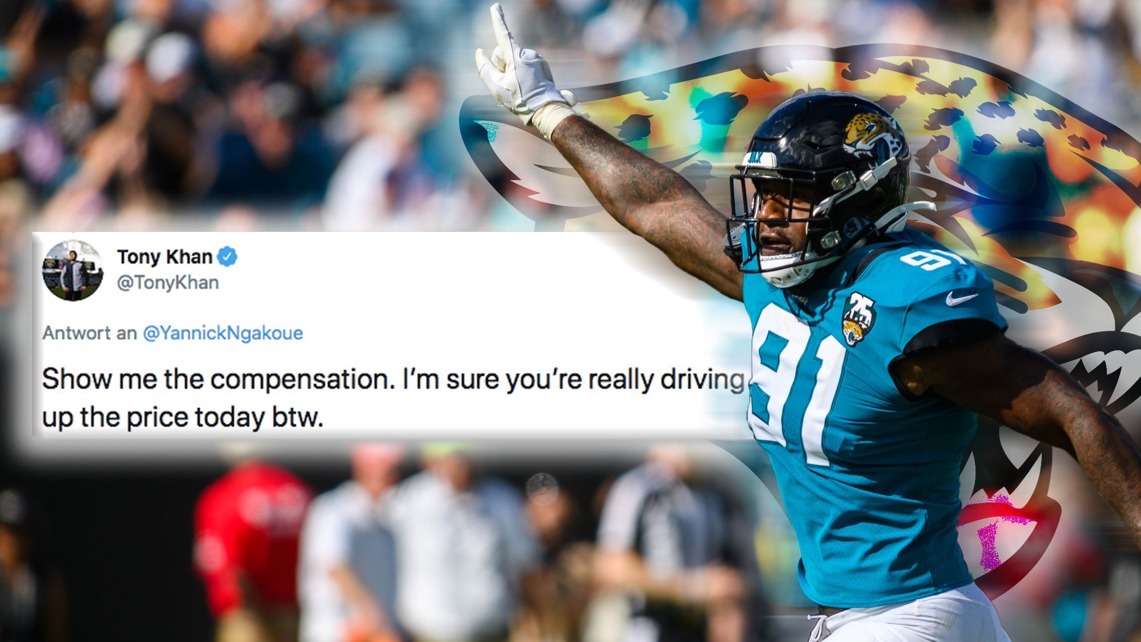 
                <strong>Yannick Ngakoue liefert sich Twitter-Beef mit Sohn von Jaguars-Besitzer</strong><br>
                Khans letzte Antwort war erneut auf die Rahmenbedingungen eines Trades gerichtet: "Zeigen Sie mir den Gegenwert" schrieb er und schickte eine Spitze zurück: "Ich bin mir sicher, dass Sie heute den Preis nach oben treiben."
              