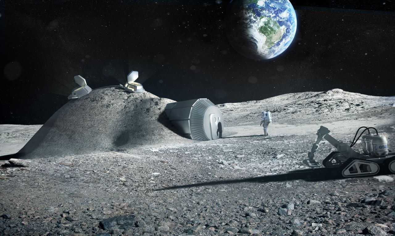 Zukunftsvision: Sollte der Mensch langfristig auf dem Mond bleiben, könnte so eine Station aussehen. Über die Mondhäuser wird Mondstaub aufgeschichtet, um die Menschen darin vor der intensiven Weltraumstrahlung zu schützen.