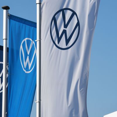 Hanover, Lower Saxony / Germany - April 5, 2020: Flags with the new logo of AG in Hanover, Germany -is one of the world's leading manufacturers of automobiles