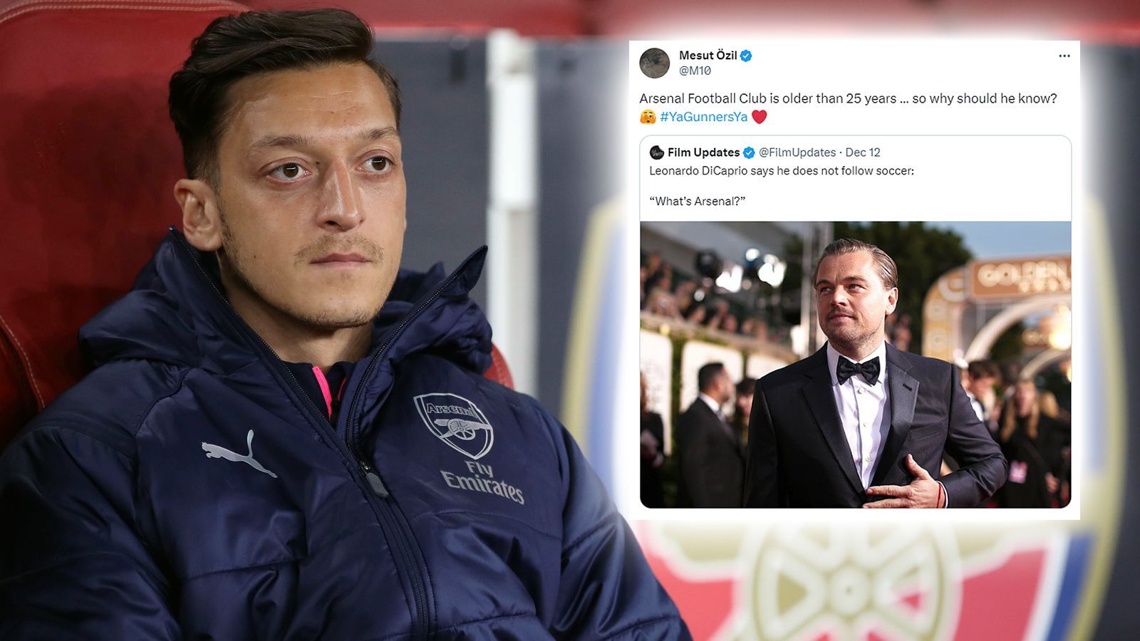 <strong>Weil er Arsenal nicht kennt: Özil trollt Hollywood-Star DiCaprio</strong><br>Hollywood-Star Leonardo DiCaprio gab zu, sich im Fußball so gar nicht auszukennen. Daher auch nicht verwunderlich, dass er mit dem Klubnamen Arsenal nichts anfangen kann. "Was ist Arsenal", reagierte der US-Amerikaner wohl deshalb zuletzt, als er danach gefragt wurde. Daraufhin trollte Ex-Arsenal-Star Mesut Özil DiCaprio auf Twitter ...