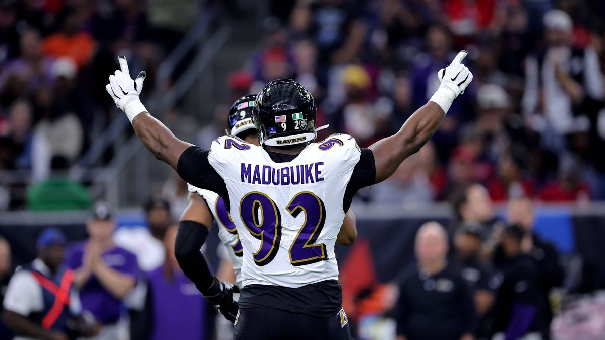 December 25, 2024, Houston, Texas, U.S: Baltimore Ravens defensive tackle Nnamdi Madubuike (92) reacts after a sack by Baltimore Ravens linebacker Odafe Oweh (99, not shown) during the second quart...