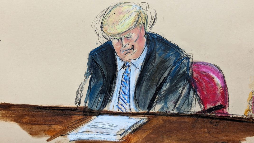 Die Zeichnung zeigt Donald Trumps Reaktion auf die Aussagen seines früheren Anwalts Michael Cohen im Schweigegeldprozess vor einem New Yorker Gericht.