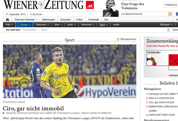 
                <strong>Wiener Zeitung</strong><br>
                Auch in Österreich hat die Wiener Zeitung den Dortmunder Italiener im Blickfeld. Nach Witzen über seinen Namen ist jetzt Wiedergutmachung angesagt.
              
