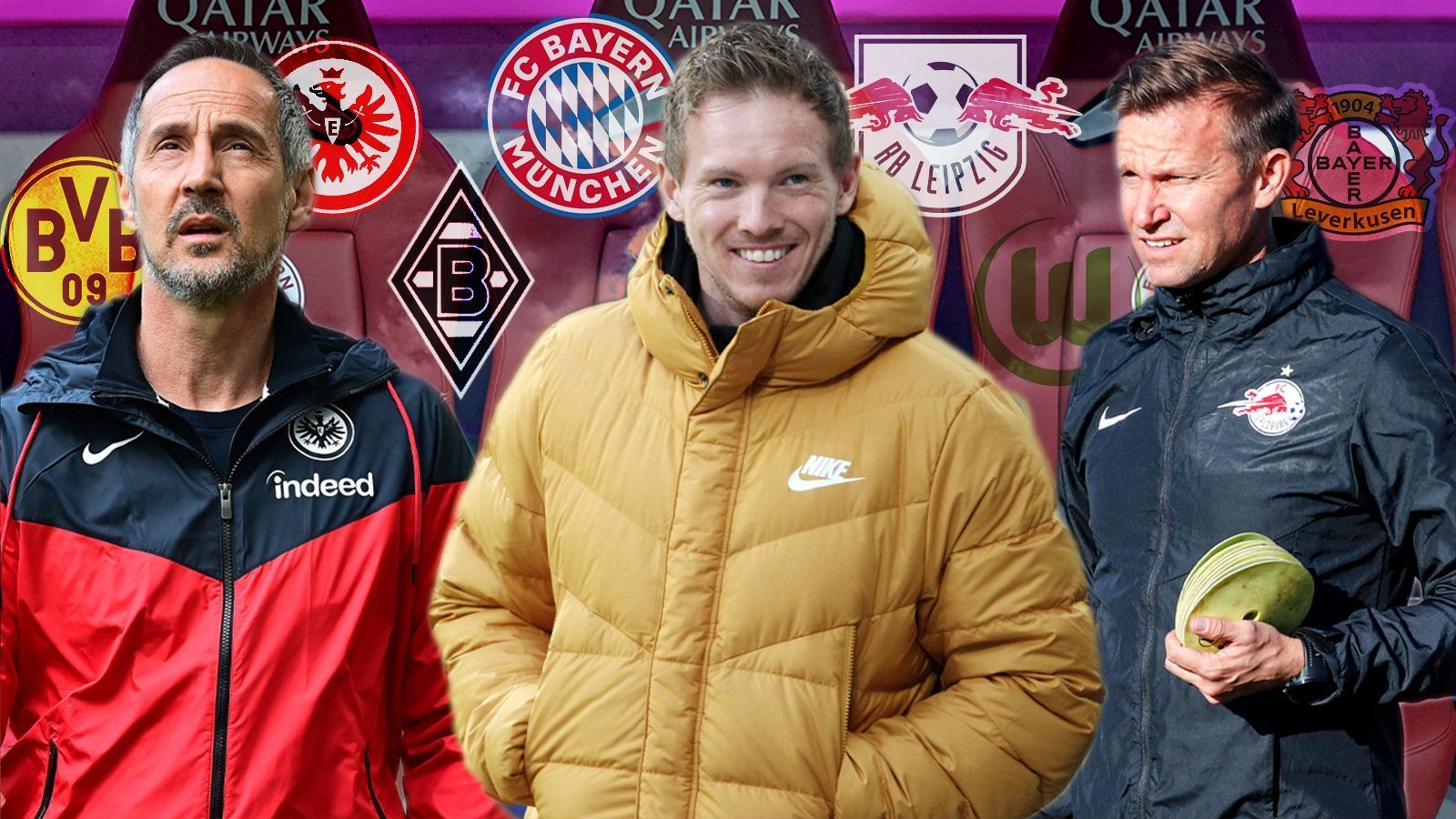 
                <strong>Das verrückte Trainerkarussell: Alle Top-Teams der Bundesliga betroffen</strong><br>
                Nicht nur der Vereinswechsel von Julian Nagelsmann (M.) zum FC Bayern München sorgt am Trainermarkt der Bundesliga für Aufsehen. In Leipzig wird der freie Trainersessel zur neuen Saison laut "kicker" mit Jesse Marsch (r.) besetzt, weiter auf der Suche ist Eintracht Frankfurt, wo ein Nachfolger für Adi Hütter gefunden werden muss. In Wolfsburg könnte ein Ex-Münchner aufschlagen. Wer übernimmt die offenen Trainerposten? ran.de zeigt, wie der Stand bei den deutschen Teams ist und welche Top-Vereine in der Spielzeit 2021/22 mit einem neuen Trainer an den Start gehen. (Stand: 28. April 2021)
              