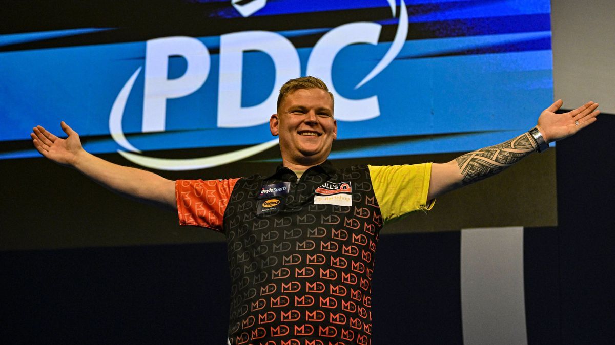 RECORD DATE NOT STATED 13th October 2024, Mattioli Arena, Leicester, England; 2024 PDC BoyleSports World Grand Prix Darts Final; Mike De Decker celebrates after winning the match against Luke Humph...