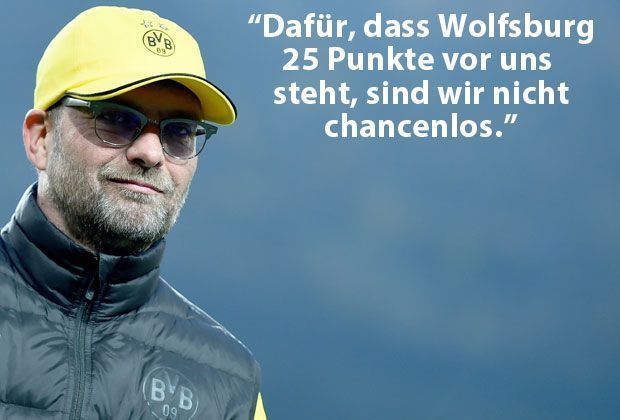 
                <strong>Jürgen Klopp</strong><br>
                Vor dem Ligaspiel in Wolfsburg (1:2) Anfang Mai macht Klopp deutlich, dass der Riesen-Vorsprung der Wölfe im Pokalfinale keine Relevanz hat.
              