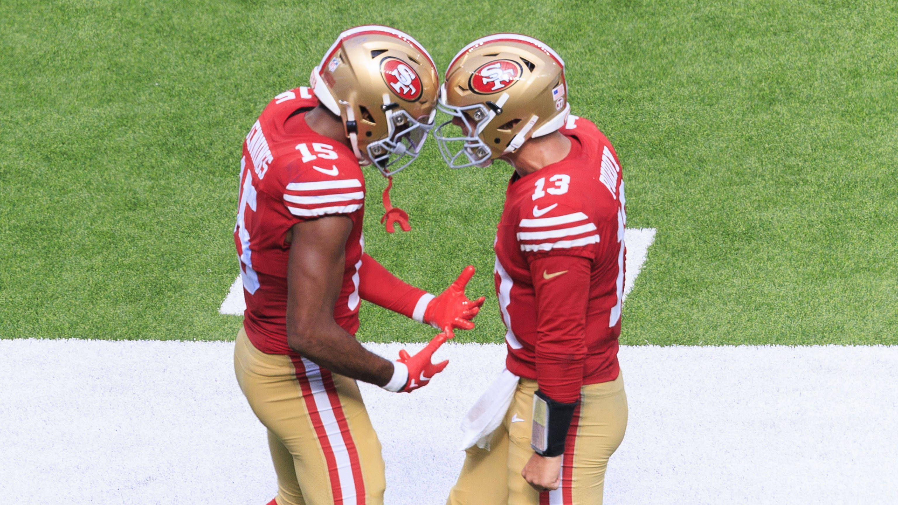 <strong>Platz 5: Brock Purdy und Jauan Jennings,</strong><br>Auch zwischen den beiden stimmt die Chemie! Quarterback Brock Purdy (r.) von den San Francisco 49ers wirft bevorzugt auf Jauan Jennings, das Passer Rating der beiden liegt bei <strong>127,7</strong>.