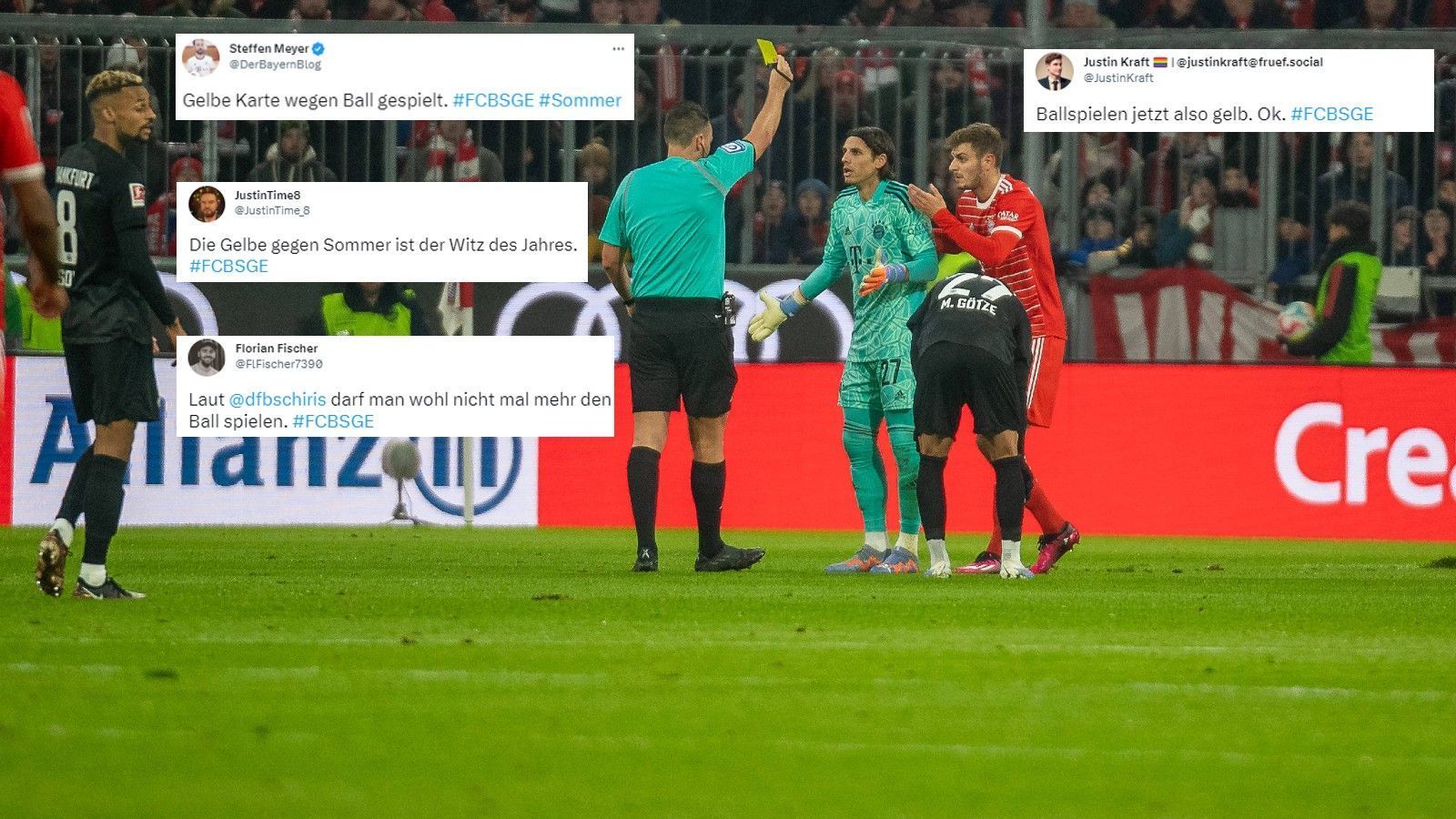 
                <strong>Gelbe Karte erhitzt Gemüter</strong><br>
                Yann Sommer gegen Kolo Muani - ein durchaus spannendes Duell. Mitte der ersten Halbzeit bekommt der Bayern-Keeper Gelb nach einer Rettungstat gegen den Stürmer. Gelb für Ball spielen? Eine Entscheidung, die bei vielen Usern alles andere als gut ankommt.
              