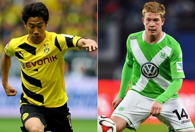 
                <strong>Shinji Kagawa vs. Kevin De Bruyne</strong><br>
                Umso klarer ist die Lage im offensiven Mittelfeldzentrum. Kevin De Bruyne (r.) spielte eine herausragende Saison und stellte einen neuen Vorlagenrekord auf. Davon kann BVB-Rückkehrer Kagawa nur träumen. Der Punkt geht klar an den VfL. Zwischenstand: 5:7.
              