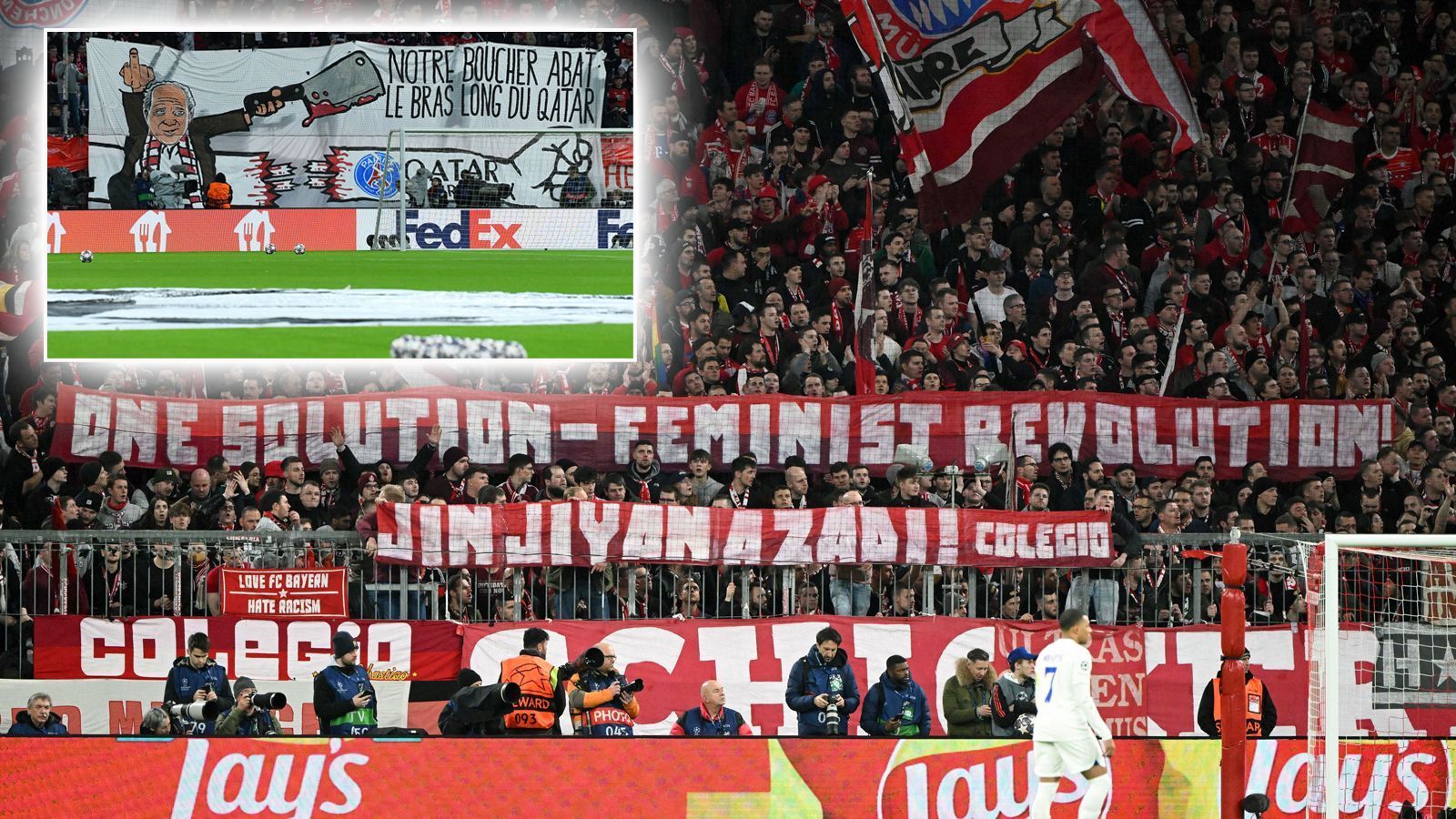 
                <strong>Vielfältiger Protest: Bayern-Fans beziehen gegen PSG mit Bannern Stellung</strong><br>
                Die Fans des FC Bayern München haben beim 1:0-Sieg im Achtelfinal-Rückspiel der Champions League nicht nur für Stimmung in der Allianz Arena gesorgt. Zudem gab es vom Anhang des Rekordmeisters auch vielfältigen Protest bzw. Solidarität in Form von unterschiedlichen Bannern.
              