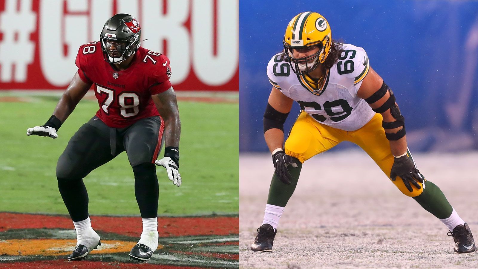 
                <strong>NFC - Offensive Tackles (zwei Spieler)</strong><br>
                Tristan Wirfs (Tampa Bay Buccaneers; li.) und David Bakthiari (Green Bay Packers; re.) -Unglaublich, aber wahr: Aaron Rodgers' Beschützer David Bakthiari zählt zu den besten Offensive Tackles der NFL, wurde aber erst zweimal für den Pro Bowl nominiert. In diesem Jahr gehört er allerdings zu den Favoriten - und dass nicht nur wegen seines neuen Rekord-Vertrags. Von einem solchen Arbeitspapier kann Rookie Tristan Wirfs bisher nur träumen, nach einem holprigen Start in die Saison agierte Wirfs zuletzt immer sicherer und scheint den hohen Erwartungen gerecht werden zu können.
              