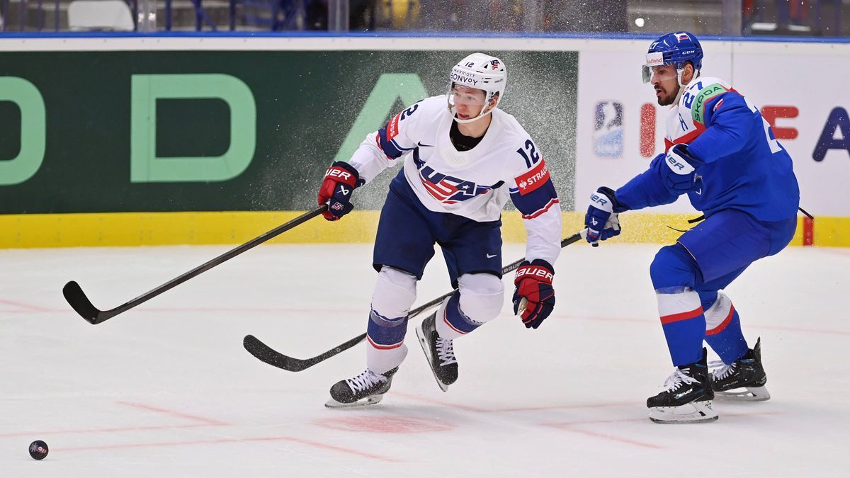 Matt Boldy of USA, left, and Marek Hrivik of Slovakia in action during the group B match of the 2024 IIHF World Championship, WM, Weltmeisterschaft USA vs Slovakia in Ostrava, Czech Republic, May 1...