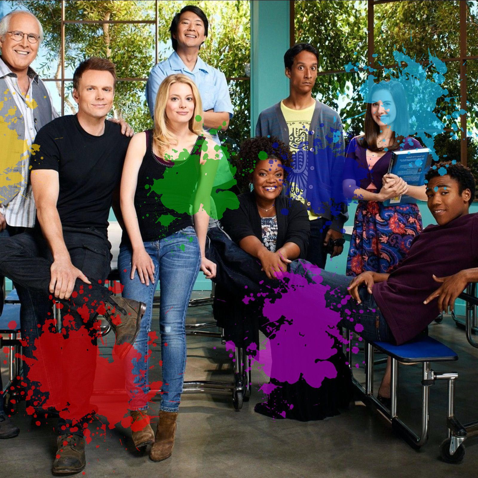 Der Cast von "Community" mit bunten Farbklecksen übersät