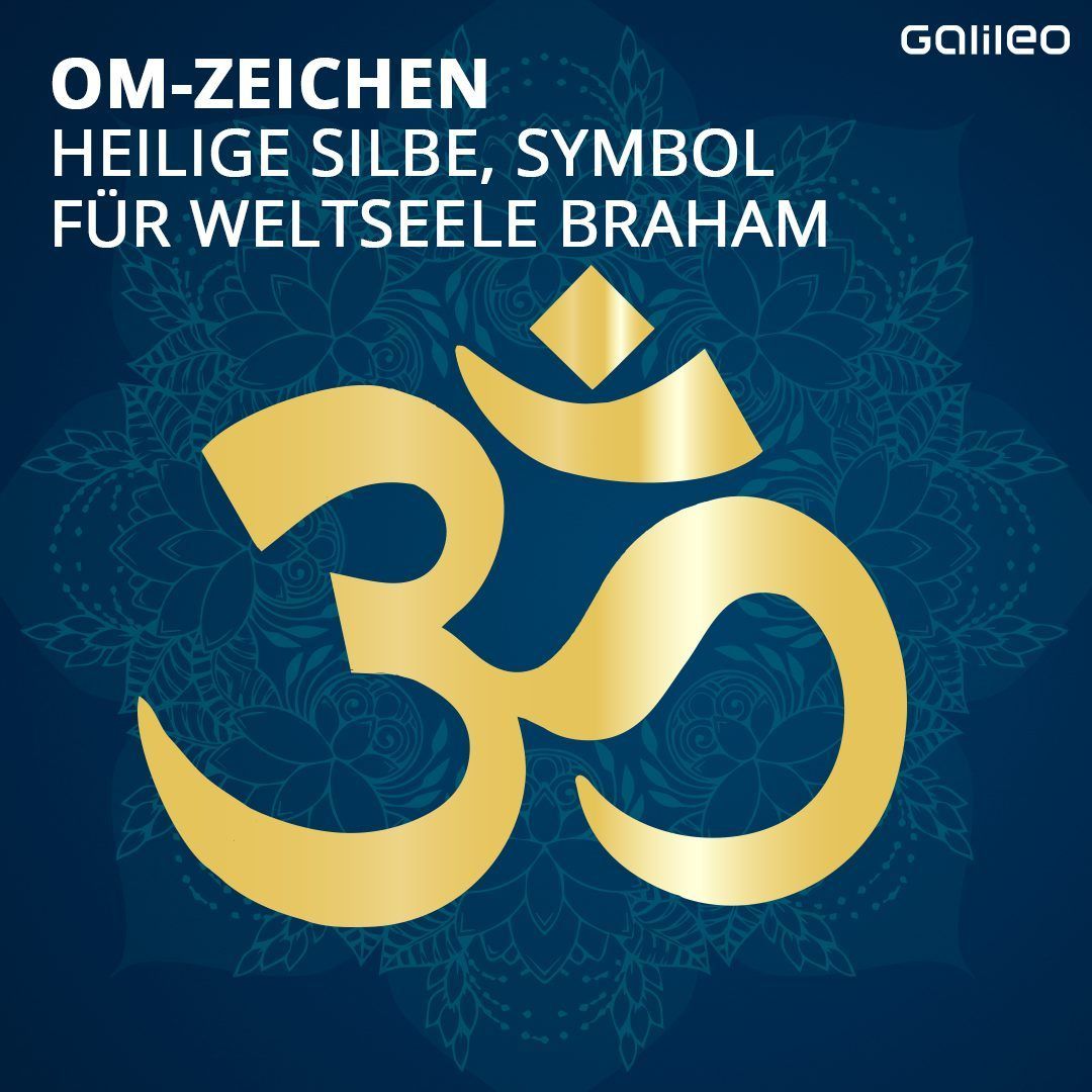 Das Om-Zeichen in der Devanagari-Schrift ist eines der bekanntesten hinduistischen Symbole. Om wird AUM gesprochen. Viele kennen diese heilige Silbe, auch Mantra genannt, aus dem Yoga oder der Meditation. Für Hindus symbolisiert Om die Weltseele Brahman.