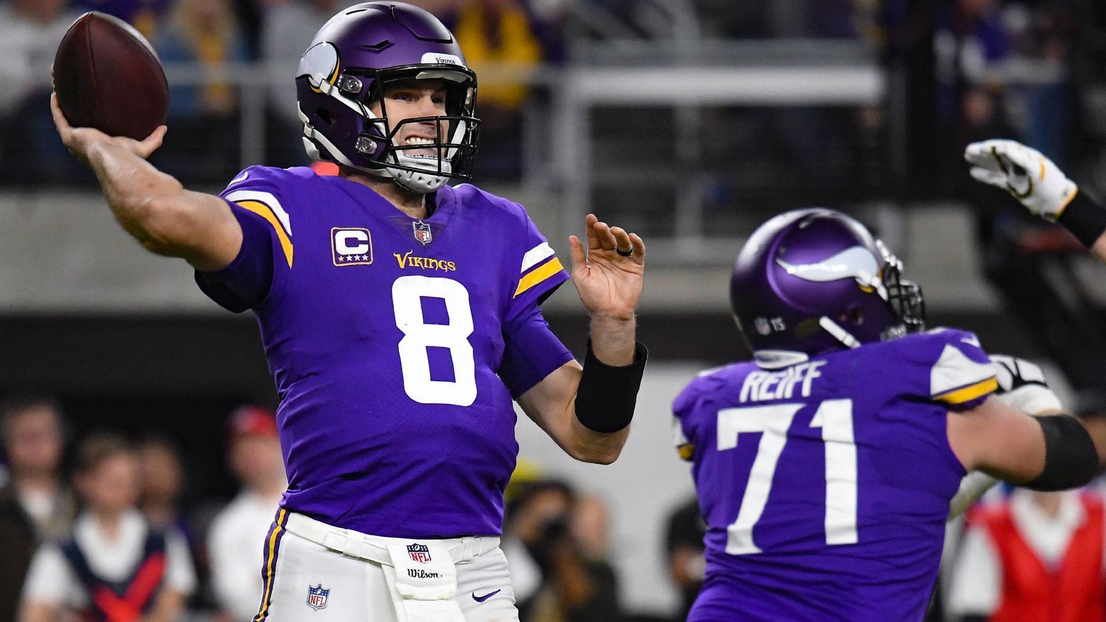 
                <strong>Minnesota Vikings</strong><br>
                Team Captains: Kirk Cousins (QB), Kyle Rudolph (TE), Riley Reiff (OT), Everson Griffen (DE), Linval Joseph (DT), Anthony Barr (LB)
              