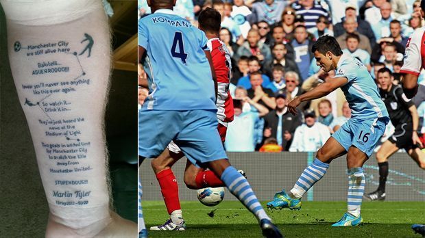 
                <strong>ManCity Tattoo</strong><br>
                2012 erzielte Sergio Äguero für Manchester City ein Tor für die Ewigkeit. Am letzten Spieltag drehte City in der Nachspielzeit die Partie gegen die Queens Parks Rangers, dank des Treffers des Argentiniers in der 94. Minute entriss City dem Stadtrivalen Manchester United gerade noch die Meisterschaft. City-Fan "@mancitybear" ließ sich danach den "Sky"-Radiokommentar zum Agüero-Tor tätowieren. 
              