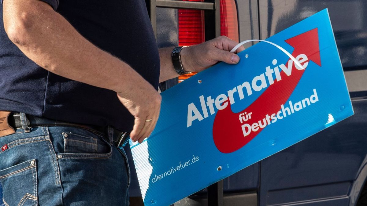 Ein Mann mit einem Schild der AfD in den Händen