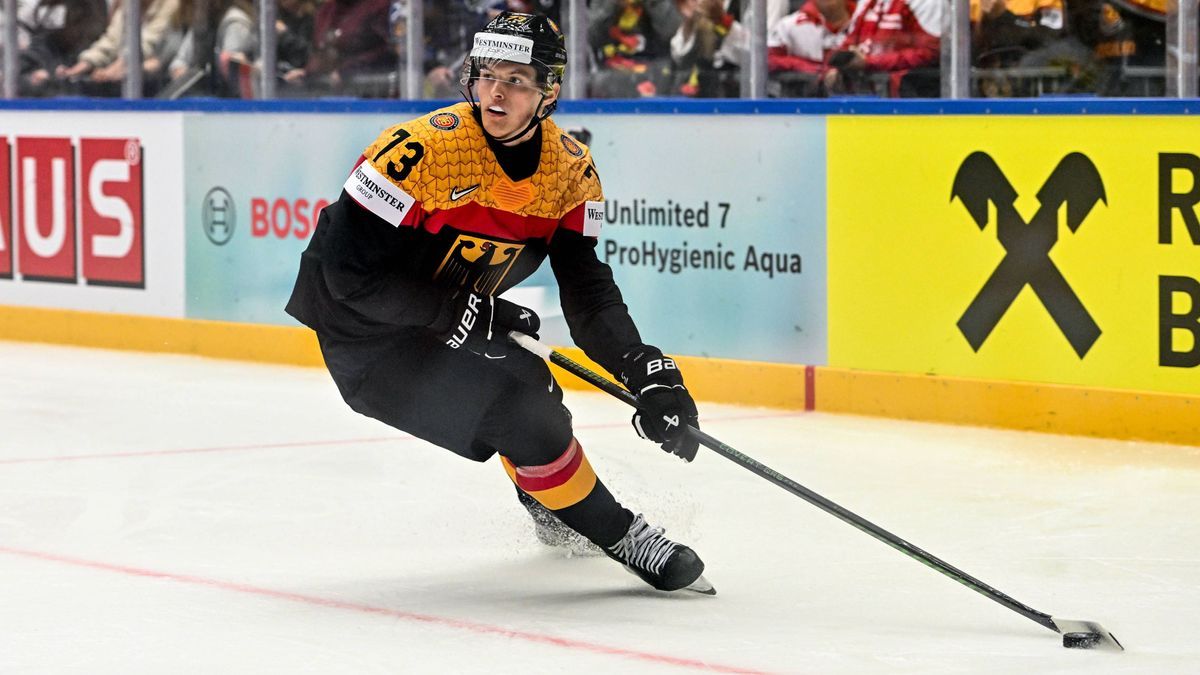 ODENSE, DENMARK - MAY 10: Lukas Reichel of Germany controls the puck during the 2025 Ice hockey, Eishockey World Championship, WM, Weltmeisterschaft match between Germany and Hungary at Jyske Bank ...