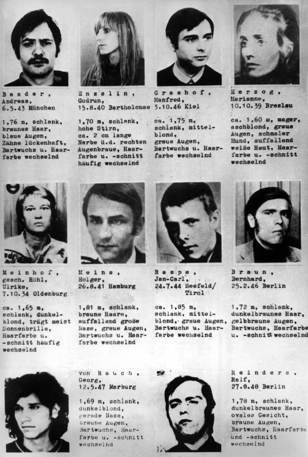 Fahndungs-Plakat um 1971: Gesucht werden die Mitglieder der Baader-Meinhof-Gruppe. Die RAF löste eine bis dahin nie da gewesene Großfahndungen aus.