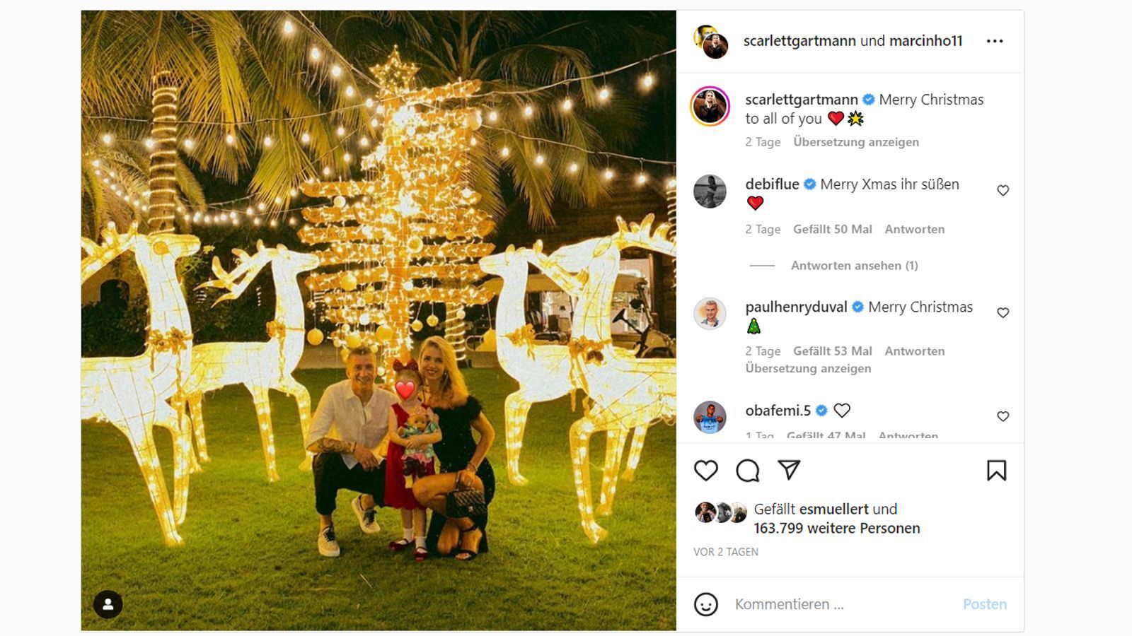 
                <strong>Marco Reus (Fußballer, Borussia Dortmund) </strong><br>
                Dortmund-Kapitän Marco Reus und seine Partnerin Scarlett Gartmann feiern Weihnachten 2022 mit ihrer Tochter in einem Lichtermeer ihres Gartens. Im Hintergrund des "Instagram"-Schnappschusses der beiden ist großzügig ausgeleuchtete Deko zu sehen. 
              