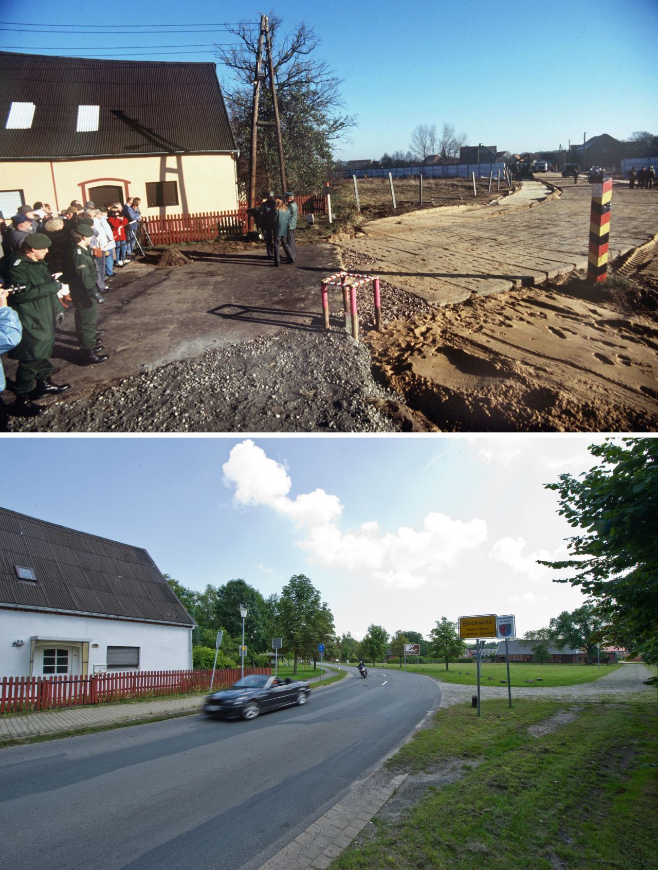 Oben: Die Gründung der DDR riss das Doppeldorf Zicherie-Böckwitz auseinander. Zicherie gehörte zur BRD, Böckwitz zur DDR. Unten: Wo einst die Grenze war, ist heute eine Straße.