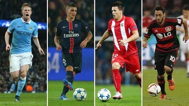 
                <strong>Die nominierten Mittelfeldspieler Teil II</strong><br>
                Die nominierten Mittelfeldspieler Teil II: Kevin de Bruyne (Manchester City), Marco Verratti (Paris Saint-Germain), Jewhen Konopljanka (FC Sevilla), Hakan Calhanoglu (Bayer 04 Leverkusen).
              