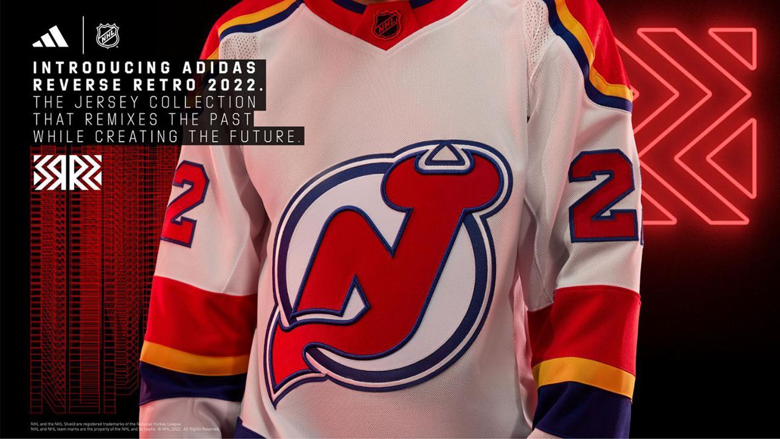 
                <strong>New Jersey Devils</strong><br>
                Als Hommage an die Vergangenheit des Teams als Colorado Rockies und die Zukunft als New Jersey Devils kombiniert das neueste Trikot das erste Devils-Trikot von 1982 mit den ehemaligen Farben der Rockies.
              