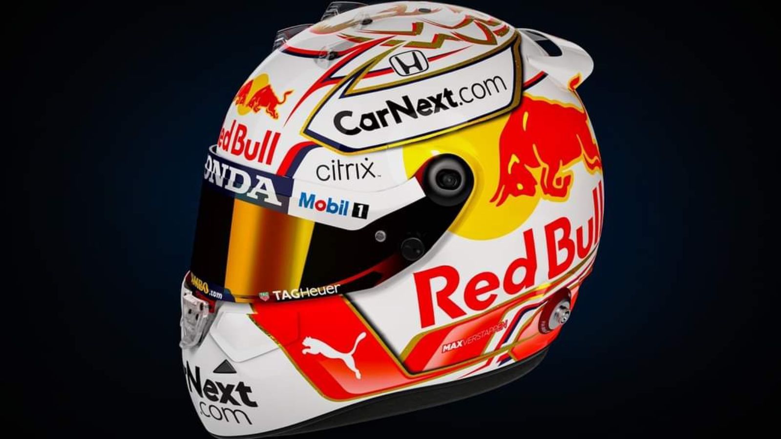 
                <strong>Max Verstappen (Red Bull Racing)</strong><br>
                Zum dritten Mal in Folge wird der Helm von Max Verstappen grundsätzlich weiß sein. Neben dem Red-Bull-Branding zieren den Helm goldene und vor allem rote Streifen.
              