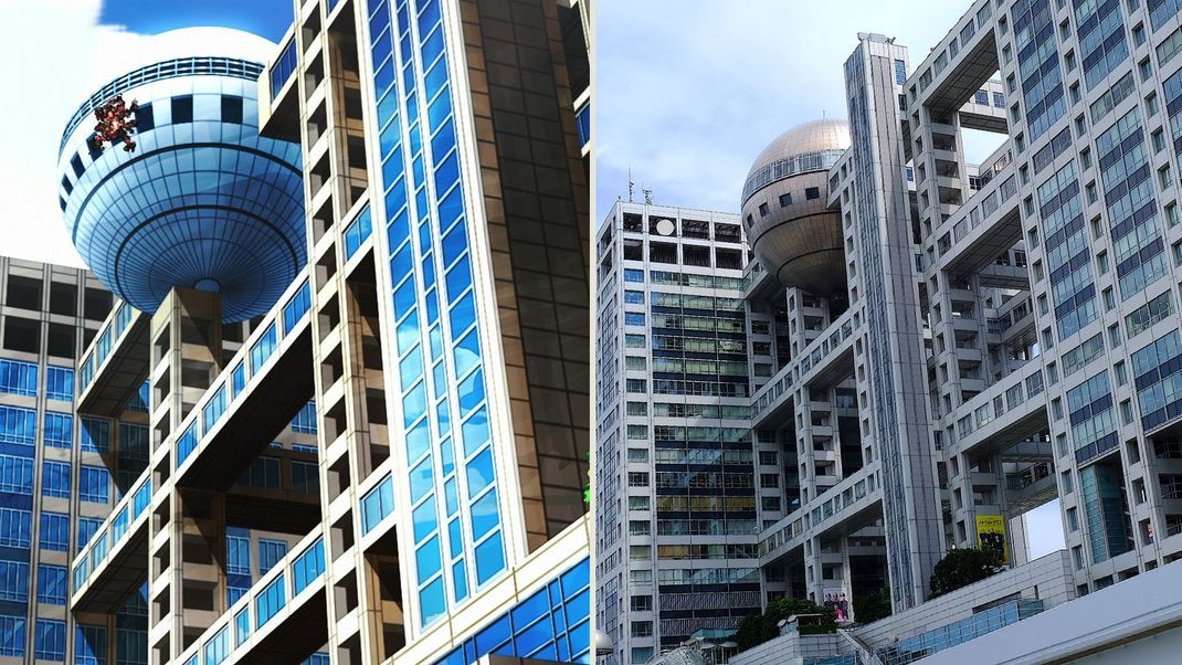 Links das Gebäude von Fuji TV in "Digimon Tri Chapter 1: Reunion", rechts das Gebäude in der Realität.