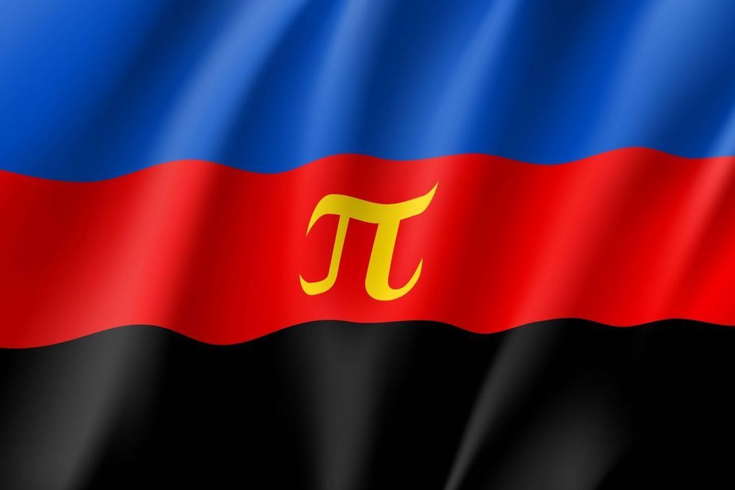 Als Polyamorie-Flagge gilt die Kombination aus Blau, Rot, Schwarz und einem goldenen griechischen Pi. Die Farben sollen Offenheit, Leidenschaft, Solidarität und Emotionalität symbolisieren.