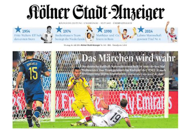 
                <strong>Kölner Stadt-Anzeiger</strong><br>
                Mit der Schlagzeile "Das Märchen wird wahr" und dem Foto des erlösenden Tores von Mario Götze ziert die Tageszeitung "Kölner Stadt-Anzeiger" ihr Titelblatt. 
              