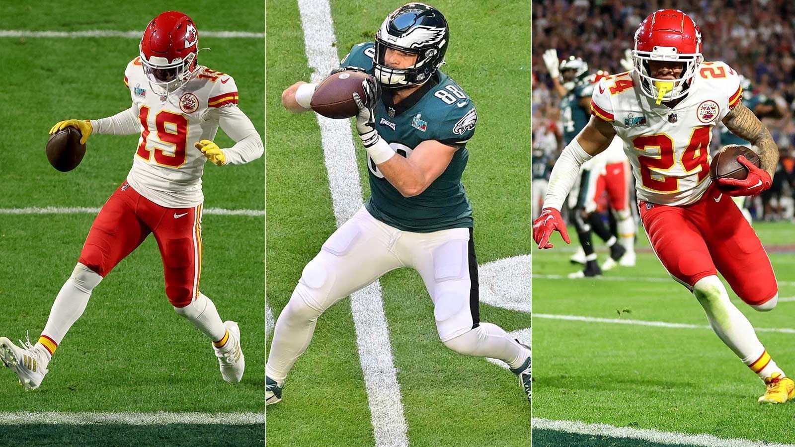 
                <strong>Die heimlichen Stars des Super Bowl LVII</strong><br>
                Nach dem Super Bowl waren die Schlagzeilen voll von Patrick Mahomes, Travis Kelce und Jalen Hurts – den Superstars eben. Dabei gab es auch andere Stützen für die Kansas City Chiefs und die Philadelphia Eagles. Wer nach dem Spiel ebenfalls viel Ruhm verdient gehabt hätte, zeigt euch ran.
              