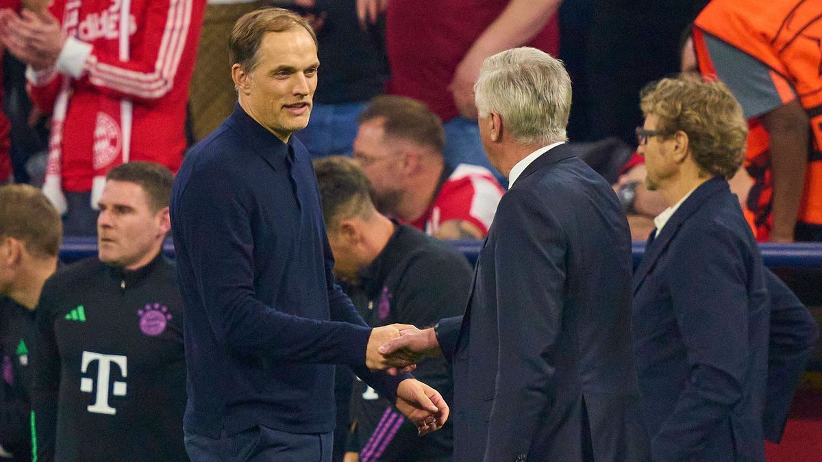 Trainer Thomas Tuchel (FCB), team manager, headcoach, coach, Carlo Ancelotti, Trainer Real Madrid after the semi final match FC BAYERN MUENCHEN - REAL MADRID 2-2 of football UEFA Champions League i...