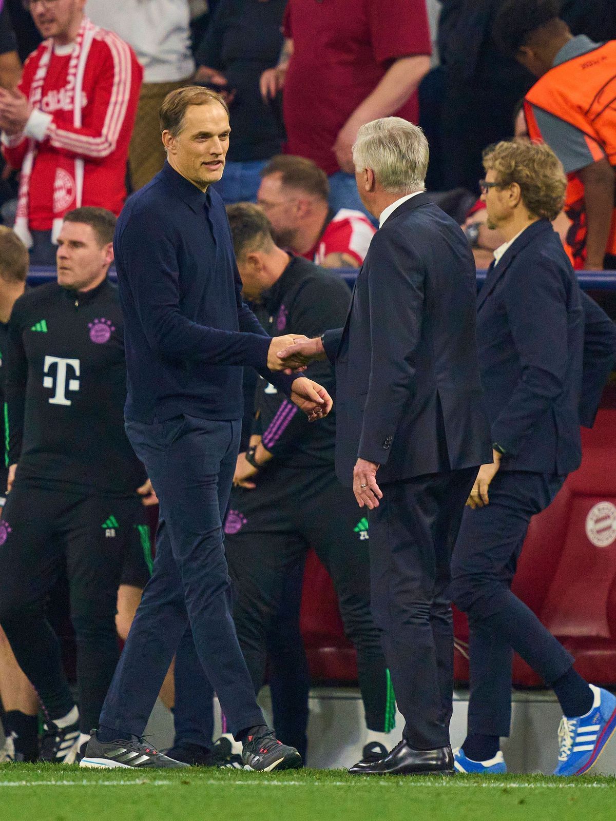 Trainer Thomas Tuchel (FCB), team manager, headcoach, coach, Carlo Ancelotti, Trainer Real Madrid after the semi final match FC BAYERN MUENCHEN - REAL MADRID 2-2 of football UEFA Champions League i...