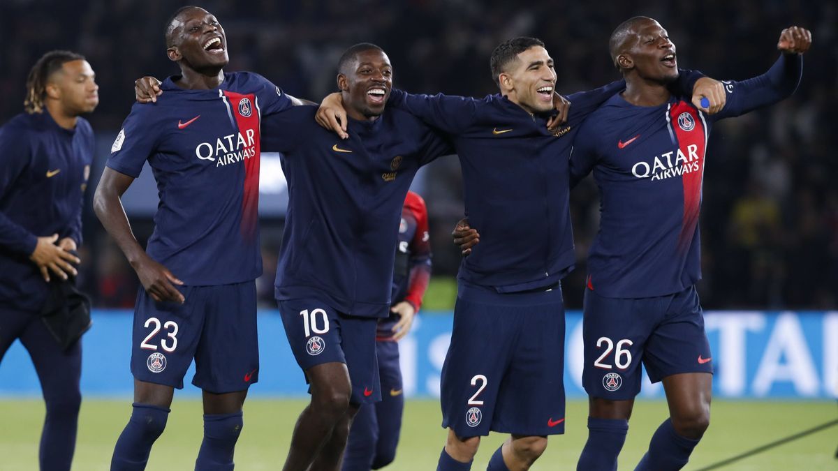 Randal Kolo Muani (PSG) - Ousmane Dembele (PSG) - Achraf Hakimi (PSG) - Nordi Mukiele (PSG) FOOTBALL : Paris Saint Germain Vs Olympique de Marseille - Ligue 1 Uber Eats - 24 09 2023 MichaelBaucher ...