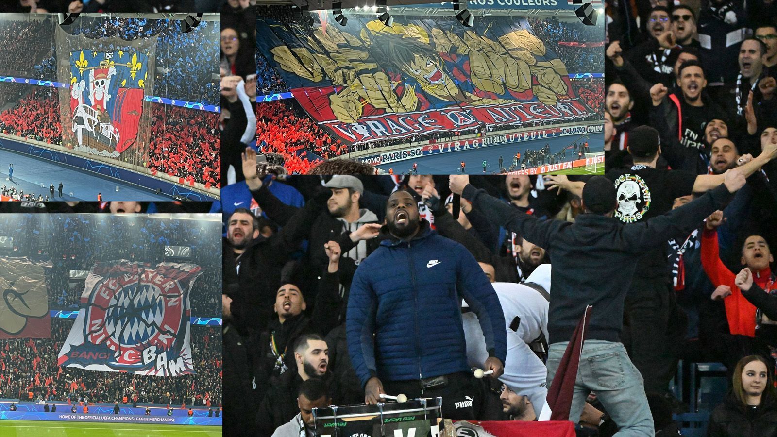 
                <strong>Paris St. Germain - Fans gegen FC Bayern mit Mega-Anime-Choreo</strong><br>
                Die Fans von Paris St. Germain haben das Achtelfinale der Champions League gegen den FC Bayern mit einer eindrucksvollen Choreo eingeleitet. Vor dem Anpfiff des Hinspiels im Pariser Prinzenpark begrüßten die Fans der Hauptstädter beide Mannschaften mit riesigen Bannern über drei Tribünen verteilt. Mittelpunkt der Choreo war die bekannte und beliebte Anime-Serie "One Piece". Neben einem demolierten Bayern-Logo sind Hauptcharakter Monkey D. Ruffy und das Piratenschiff "Going Merry" auf den Bannern zu sehen.
              