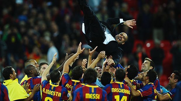 
                <strong>Pep Guardiola</strong><br>
                Pep Guardiola: Der Katalane kürte sich mit "seinem" Verein, dem FC Barcelona, drei Mal zum Champions-League-Sieger: 1992 als Spieler, sowie 2009 und 2011 als Trainer.
              