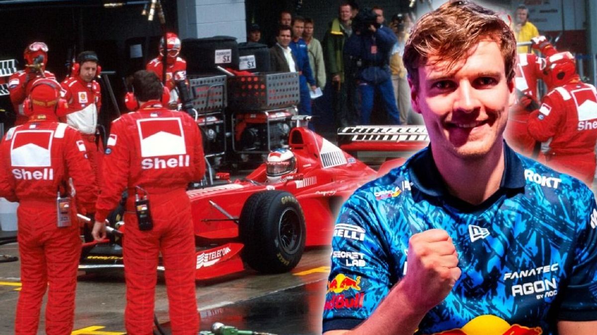 Fotomontage: Jarno Opmeer und die Boxengassen-Szene von "Schumi" 1998